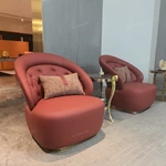 Burgundy Leather Tub Chair with Woven Side Panels and High-Gloss Wood Back